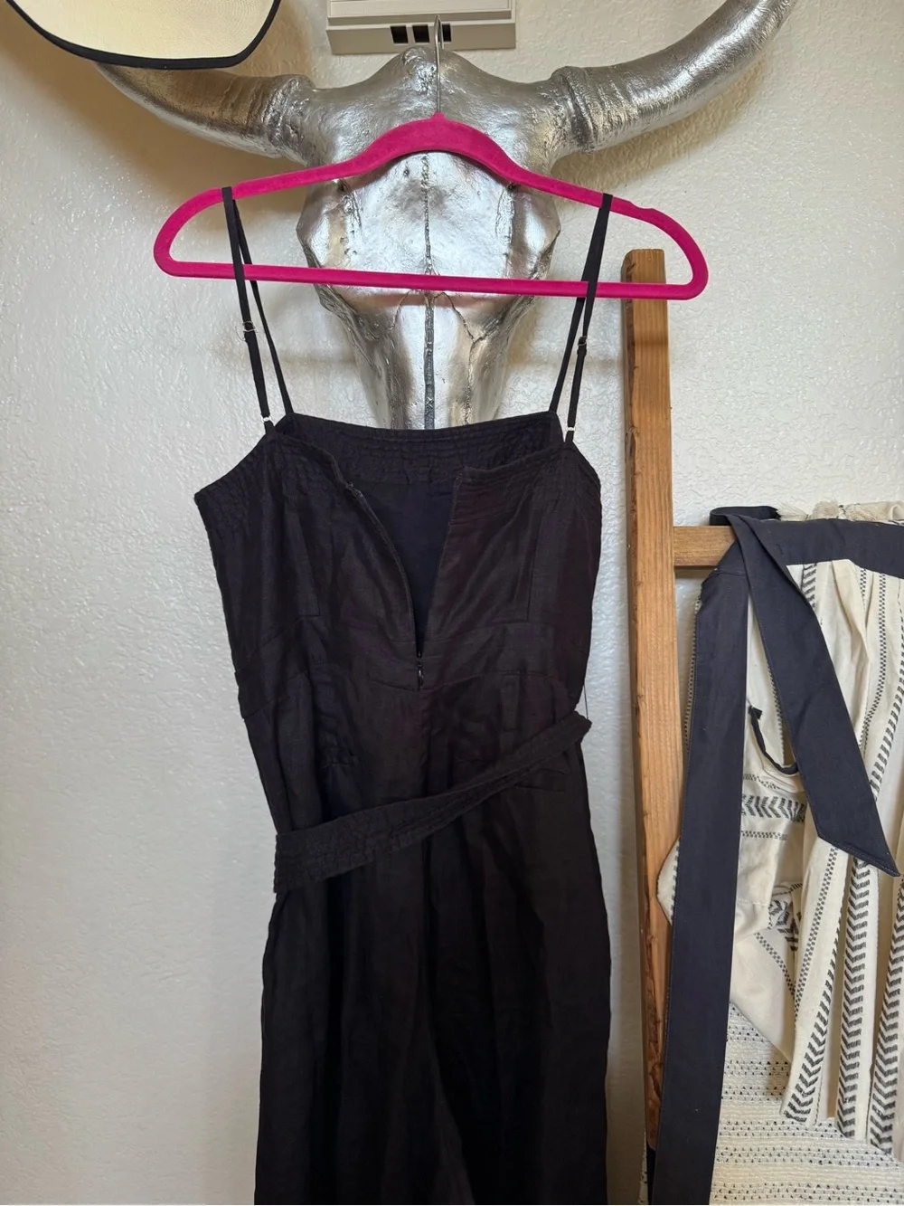 J. Crew Black Smocked Wide-Leg Jumpsuit with Tie Waist